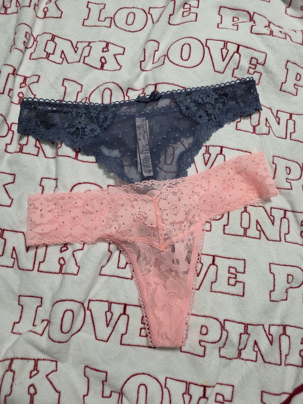 NWT Victoria's Secret Lace Thong Set - Navy & Coral Pink